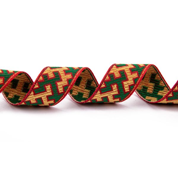 Лента (тесьма) жаккардовая 24.0 мм / 25±1 метров, рис.9615, Орнаменты и узоры народов севера, красный-желтый-зеленый, Gamma С3772Г17 рис.9615
