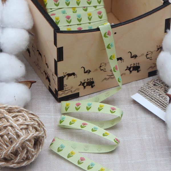 Лента репсовая (в рубчик) Тюльпаны, 10 мм, 3м, зеленый