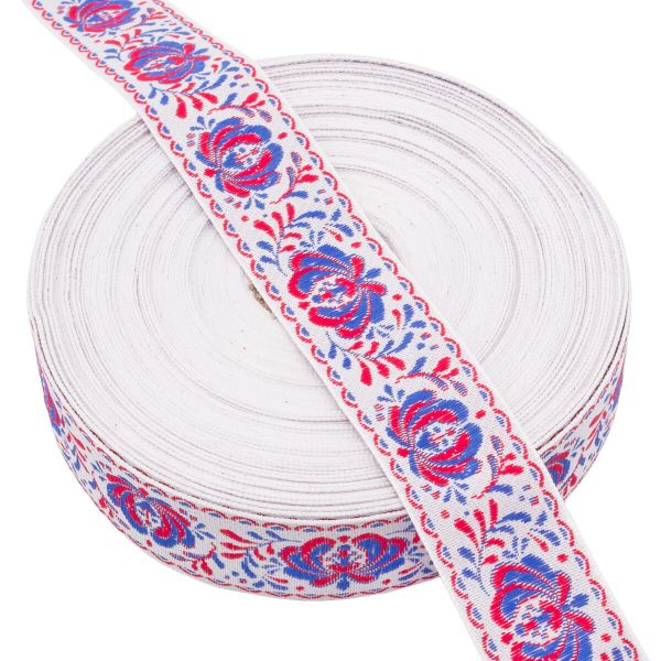 Лента (тесьма) жаккардовая 32.0 мм / 25±1 метров, рис. 9581 Гжель, (3 белый/красный/синий) С1853Г17