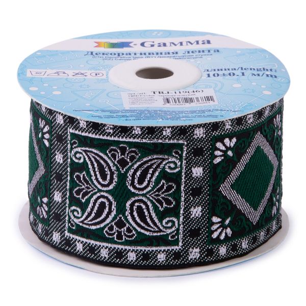 Лента (тесьма) жаккардовая 50.0 мм / 10±0.5 метров, черный/зеленый, Gamma TRJ-119(46)