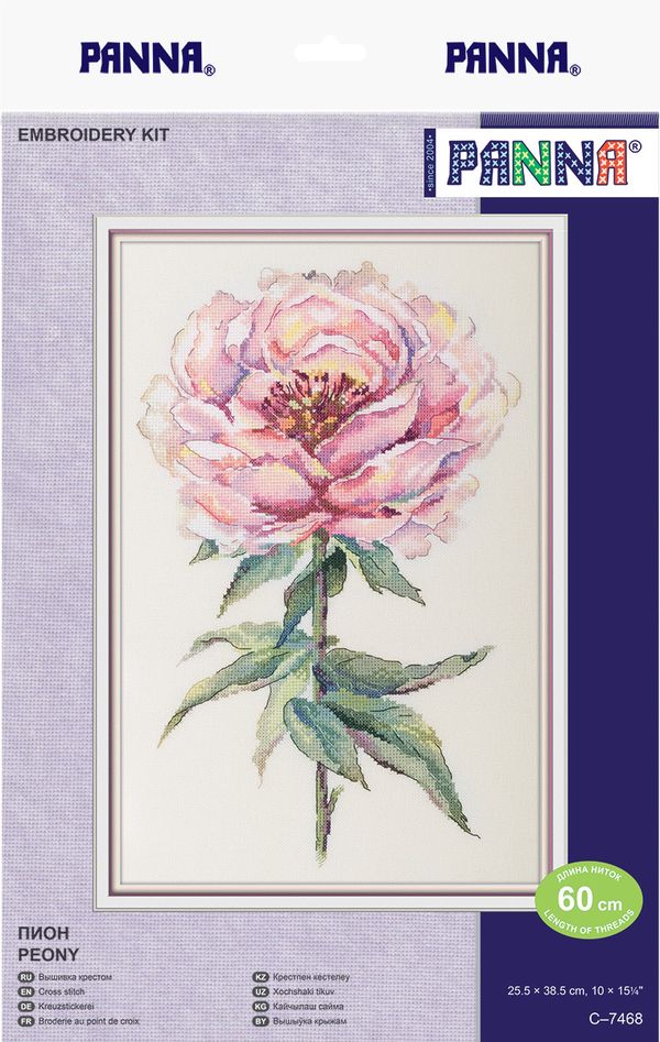 Набор для вышивания нитками Panna C-7468, Пион, 25.5х38.5 см
