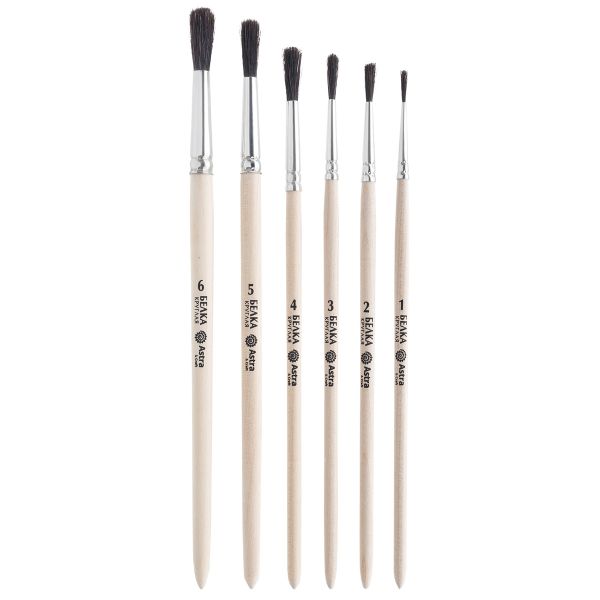 Набор кистей №1, белка (круглая ученическая №1, 2, 3, 4, 5, 6), 6 штук, Astra&Craft