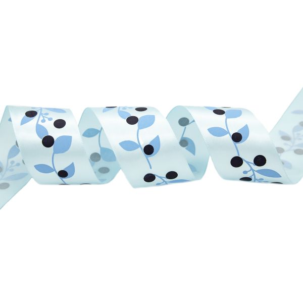 Лента атласная с рисунком 45.0 мм / 22.5±1 метров, Ягодная ветвь, голубой, Globus