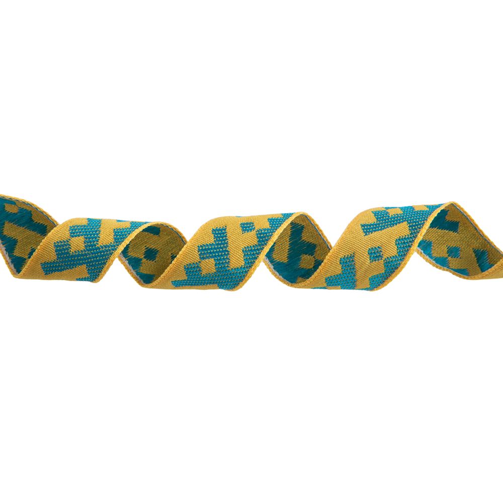 Лента (тесьма) жаккардовая 18.0 мм / 25 метров, Орнамент для северных народов, рис 6753 желтый-бирюзовый, Gamma С3771