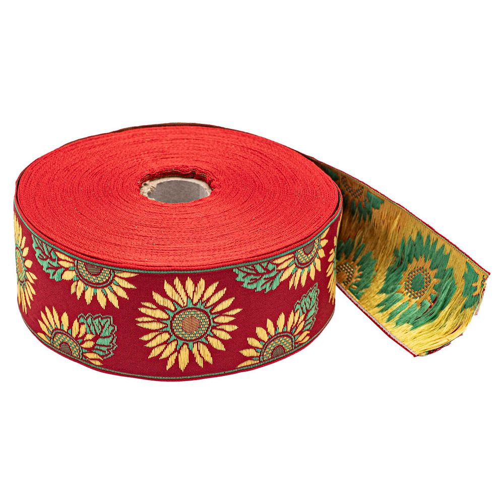 Лента (тесьма) жаккардовая 50.0 мм / 25±1 метров, рис. 8890 Подсолнухи, (1 красный) С3379Г17