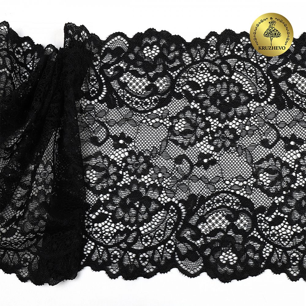 Кружево бельевое эластичное 190 мм / 10 м, 6378, цв.02 черный, Kruzhevo