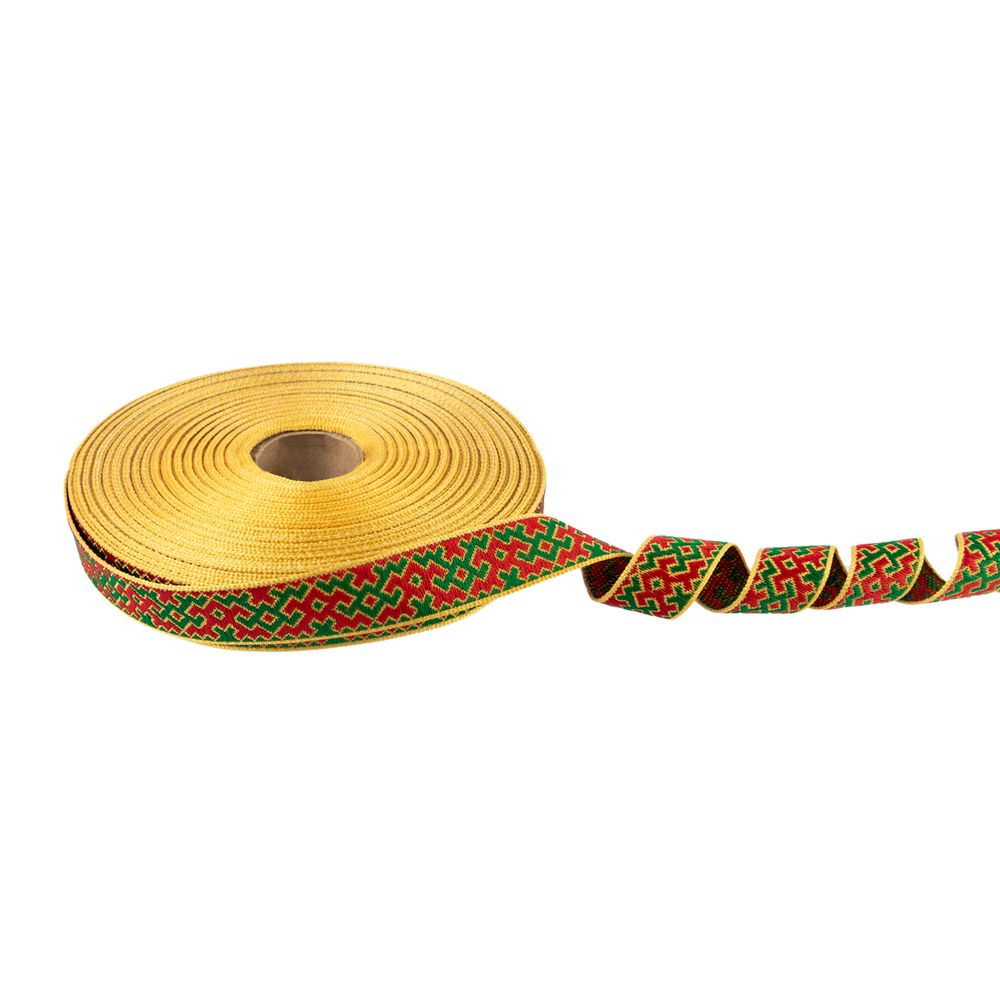 Лента (тесьма) жаккардовая 18.0 мм / 25 метров, Орнамент для северных народов, рис 9692 желтый/красный/зеленый (№6), Gamma С3771