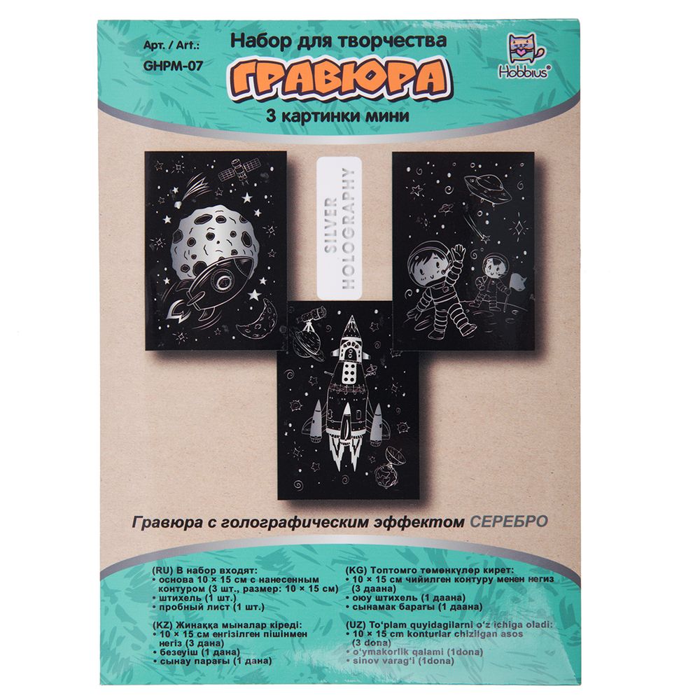 Набор для творчества Гравюра мини Космос (серебро), 10х15 см, 1х3 шт, Hobbius GHPM-07