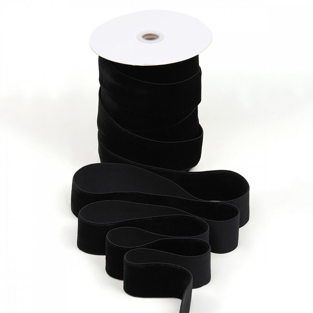 Лента бархатная (тесьма) эластичная 38.0 мм / 20±1 метров, нейлон, черный