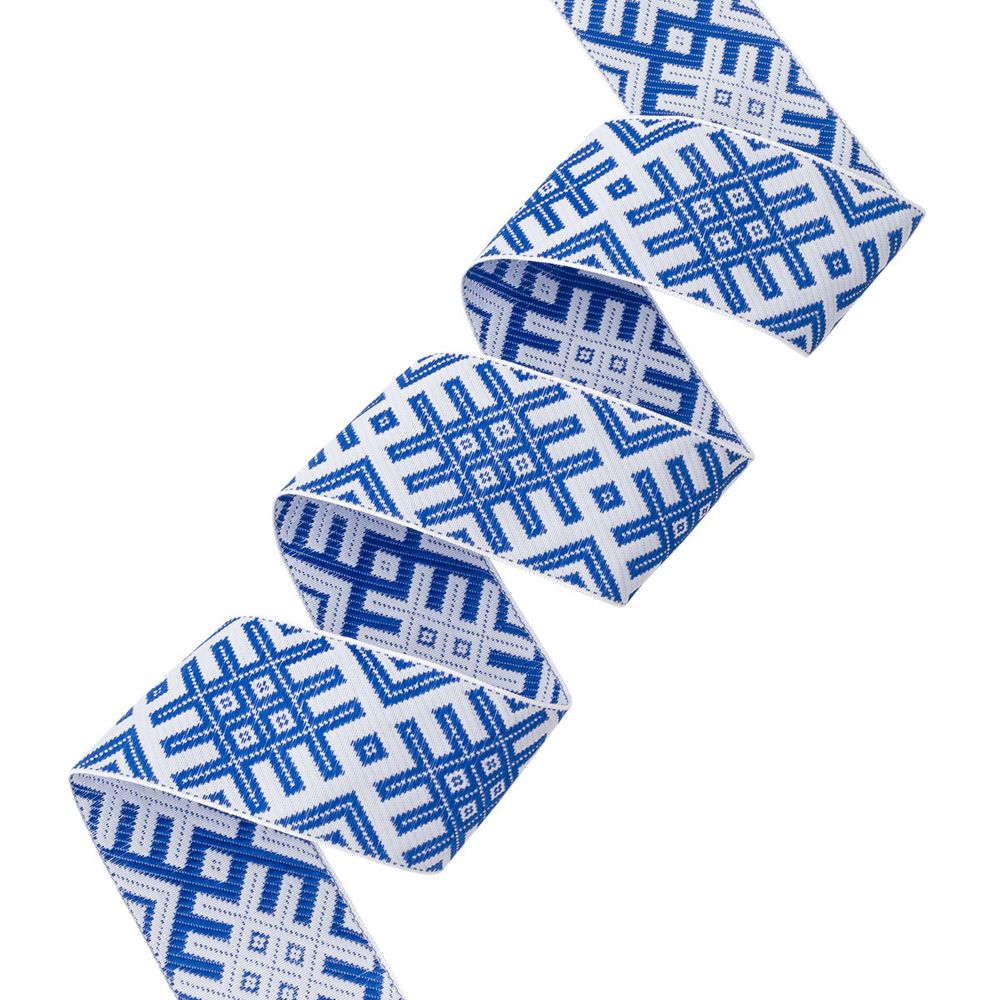 Лента (тесьма) жаккардовая 50.0 мм / 25±1 метров, Славянский орнамент Оберег рис.9465, белый/синий, С3775Г17