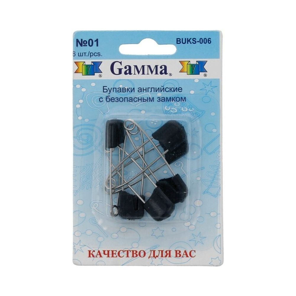 Булавки английские безопасные 40 мм, 6 шт, 01 черный, Gamma BUKS-006