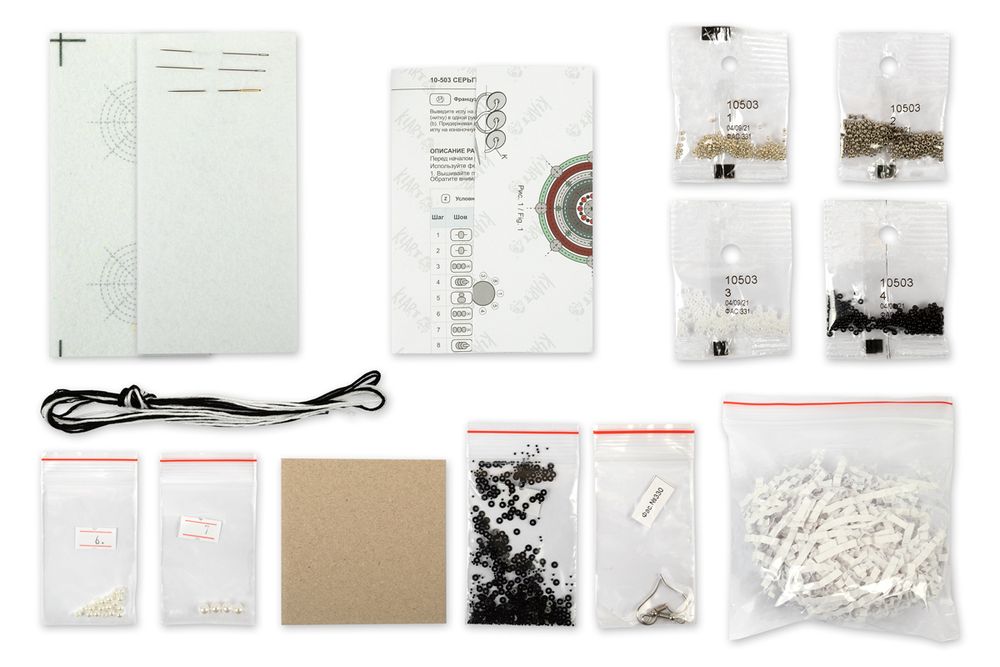 Набор для вышивания бисером Klart, серьги круглые Черно-белый орнамент, 3,5х4 см