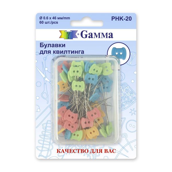 Булавки для квилтинга 46 мм, 60 шт, сталь, в пластиковой коробке, Gamma PHK-20