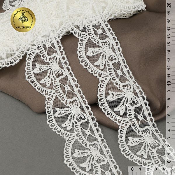 Кружево на сетке матовая нить с бантиками 60 мм, цв.02 молочный, уп.10м, Kruzhevo