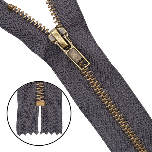 Молния металл джинсовая Т5 (5 мм) 1 зам., н/раз., антик, 12 см, автомат, 301 т.серый, 10 шт