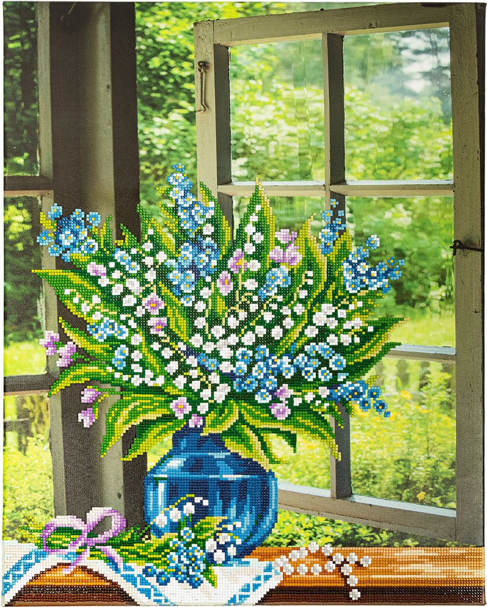 Алмазная (кристальная) мозаика Фрея, на подрамнике Ландыши на окне, 40х50 см
