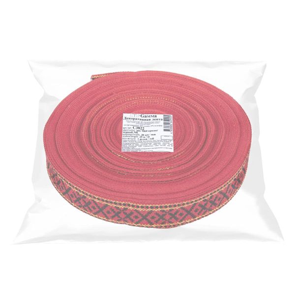 Лента (тесьма) жаккардовая 38.0 мм / 25±1 метров, для пояса, рис 9860 красно/черный №6, Gamma С3822