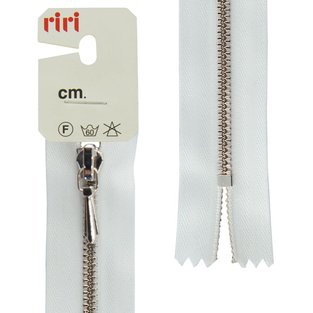 Молния металлическая RIRI Т3 (3 мм) Ni, слайд.Tropf, н/раз., 18 см, цв. тесьмы 2101, белый, упак. 5 шт