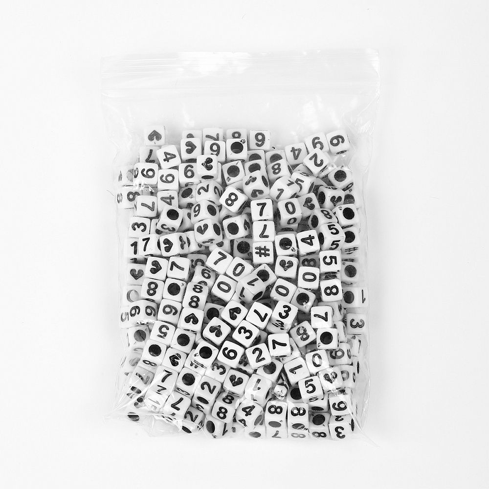 Бусины пластик набор цифры черно-белые, M4H-B012, 500г