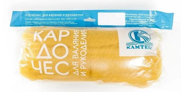Шерсть для валяния Камтекс кардочес Мини 100% полутонкая шерсть 100 г, 099 горчица свет
