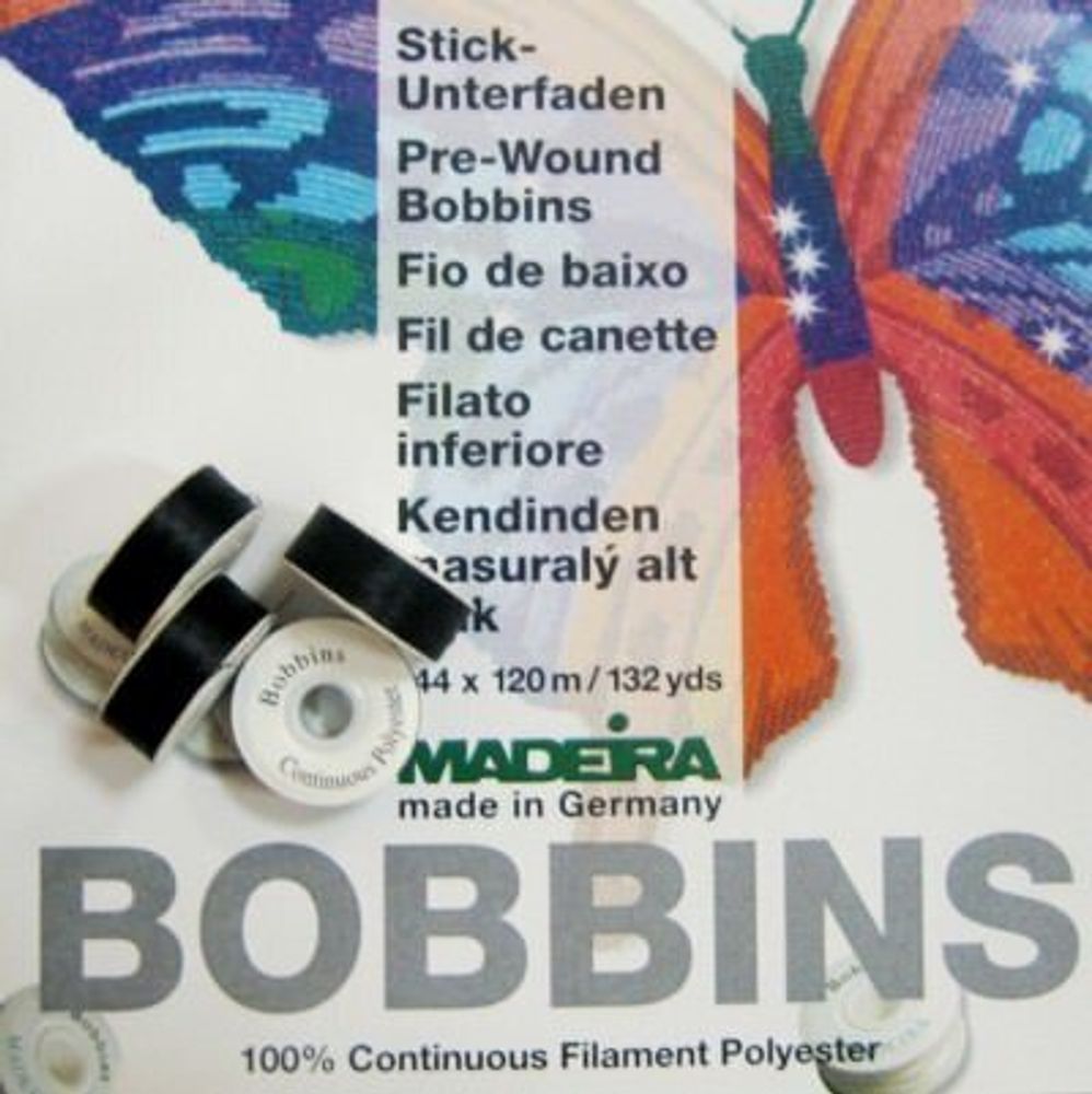 Нитки нижние в шпулях Madeira Bobbins №150, 125м черные Madeira, 308 SCH, 144 катушки