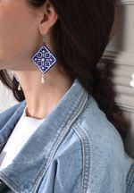 Набор для вышивания бисером Klart, серьги квадратные Синий орнамент, 4,5х4,5 см