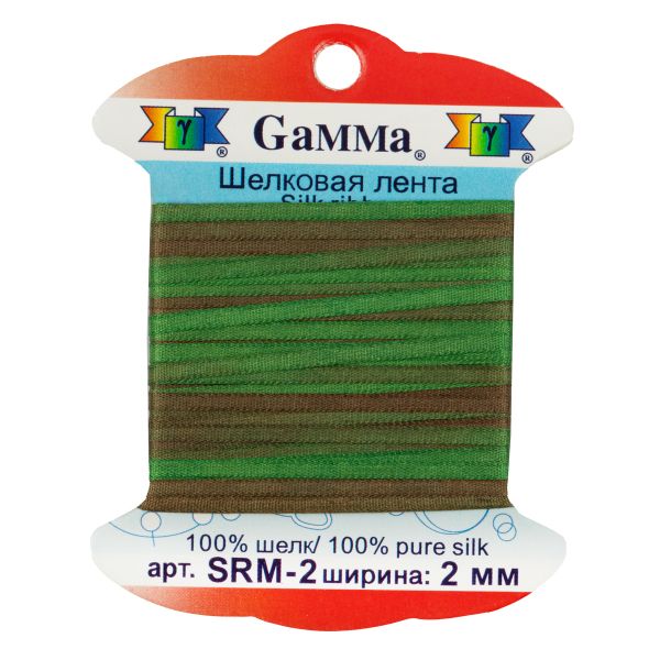 Лента (тесьма) шелковая 2.0 мм / 9.1±0.5 метров, M134 зеленый/коричневый, Gamma SRM-2