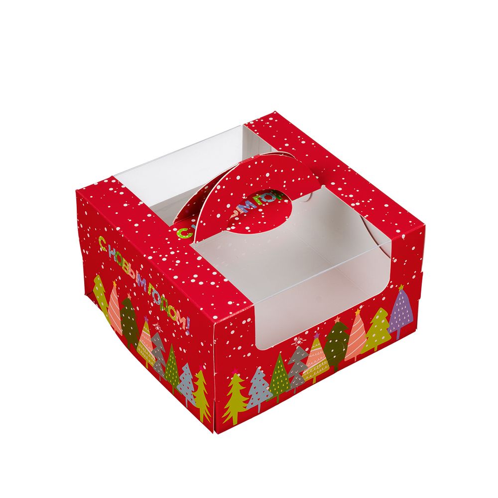 Коробка для мини-торта 14х14х8 см, №2 Новогодний снегопад, S-Chief, CBC-029