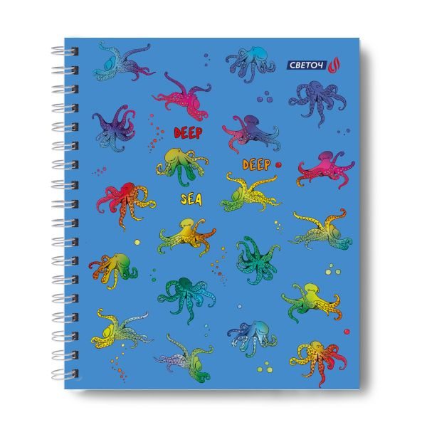 Тетрадь общая с запечатан. пластик. обложкой, 500 мкр, A5+ 48 л. на гребне 65 г/м², белизна 100%, 4 шт, клетка, 000802 Осьминожки, Светоч ТЕТ48-003