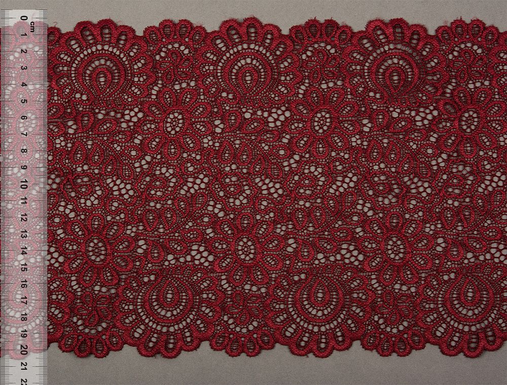 Кружево эластичное (стрейч) 205 мм, TBY.YSTL00839, 04 бордовый, 25м, Kruzhevo