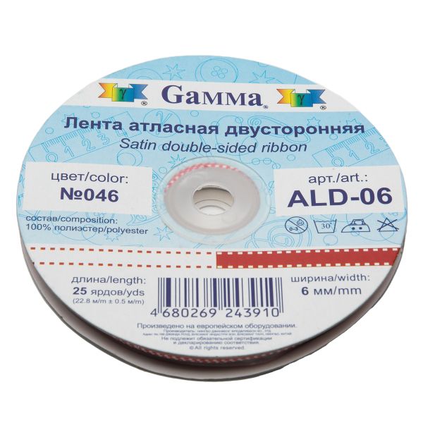 Лента атласная 2-сторонняя 6.0 мм / 22.8±1 метра, 046 красный/белый, Gamma ALD-06