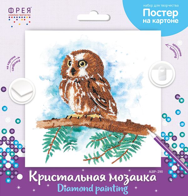 Алмазная (кристальная) мозаика Фрея, постер Совенок на ветке, 30х30 см