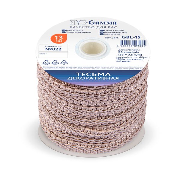 Тесьма декоративная Gamma Булет GBL-15 13 мм, 33 м,±0.5 м, 022 бежевый