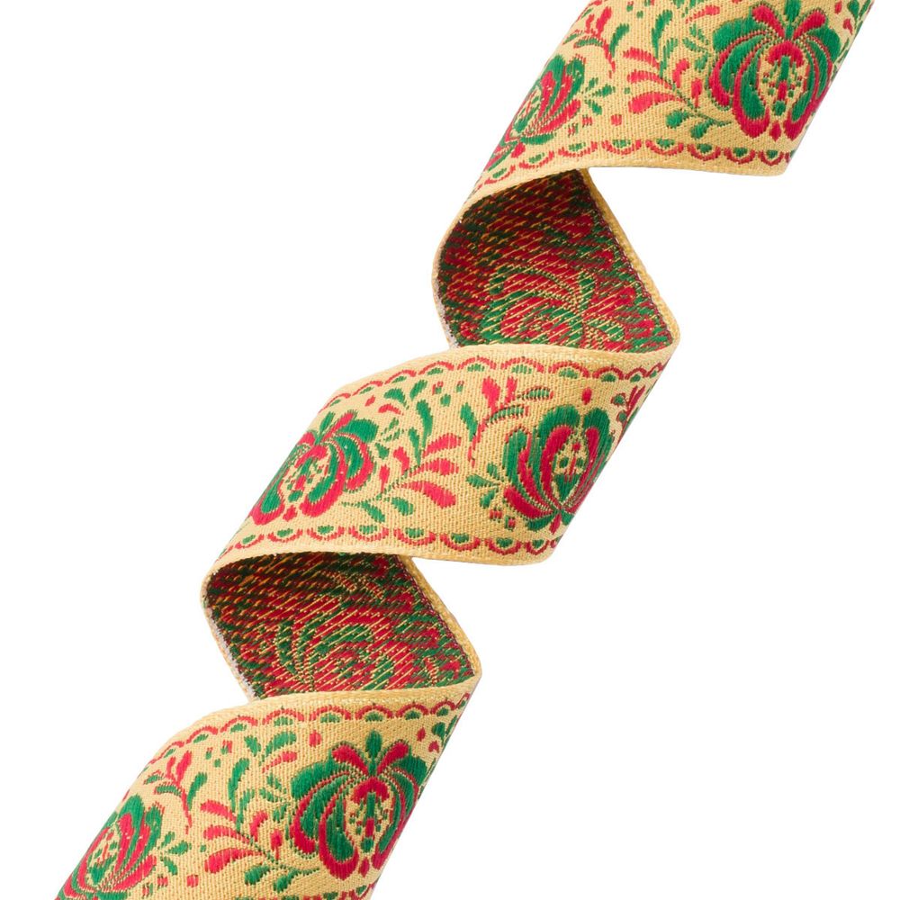 Лента (тесьма) жаккардовая 32.0 мм / 25±1 метров, рис. 9581 Гжель, (10 желтый/зеленый/красный) С1853Г17