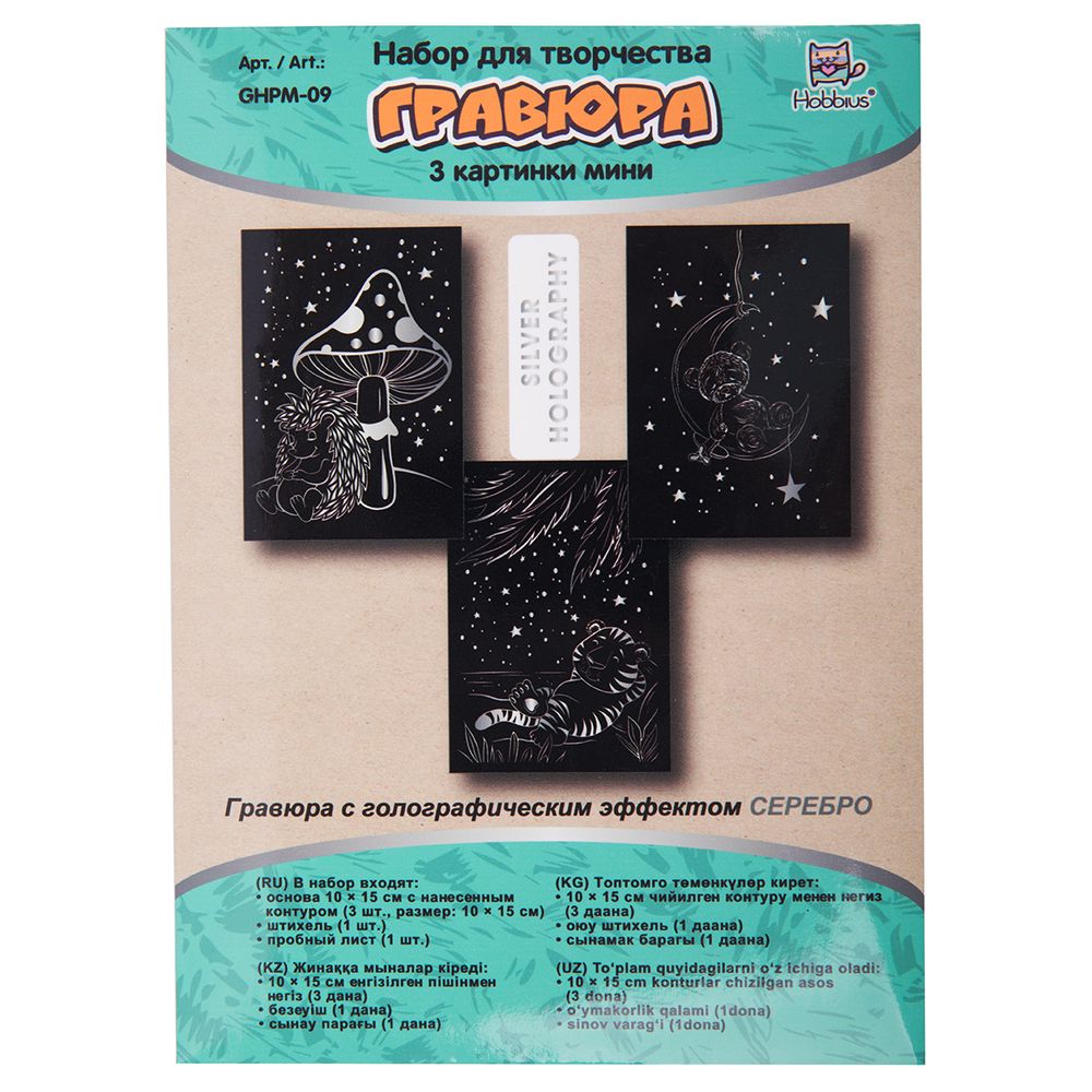 Набор для творчества Гравюра мини Спокойной ночи (серебро), 10х15 см, 1х3 шт, Hobbius GHPM-09
