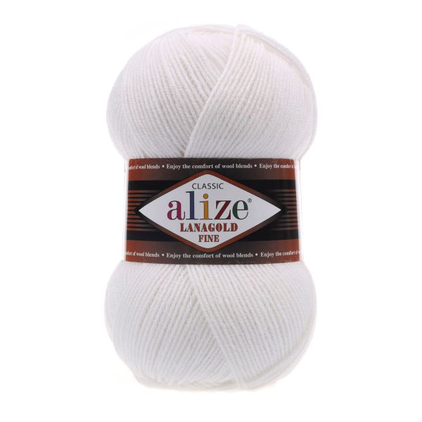 Пряжа Alize (Ализе) Lana Gold Fine / уп.5 мот. по 100 г, 390м, 055 белый A