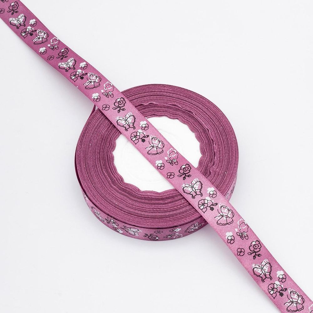 Лента декоративная с принтом Бабочки 20.0 мм / 45.72 метра, сиреневый, 4001