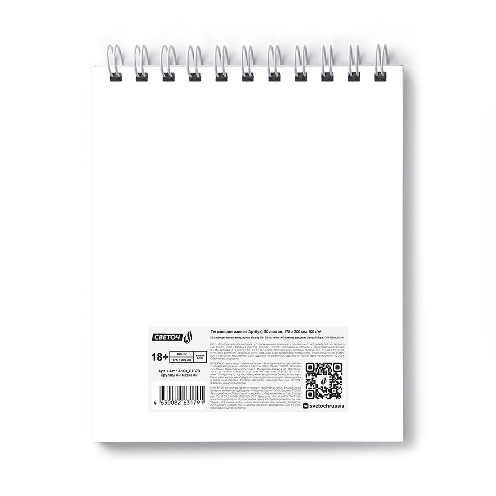 Артбук (Скетчбук) 100 г/м², 175х200 мм, на гребне 80 л., 2 шт, блок белый, жесткая подложка, Крупными мазками 01370, Светоч А163