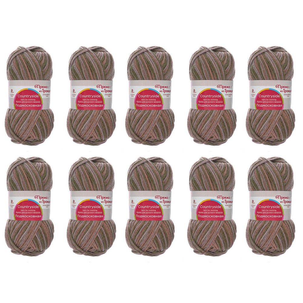 Пряжа Троицкая Подмосковная принт секционный / уп.10 мот. по 100 г, 250 м, 1573М, мох/сиренево-серый мел./кофе