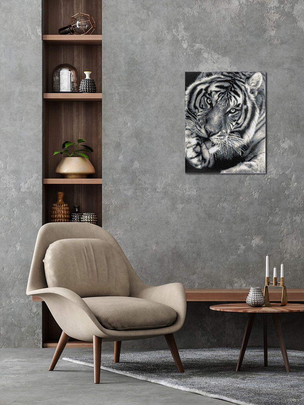 Алмазная (кристальная) мозаика Фрея, на подрамнике Черно-белый тигр, 40х50 см