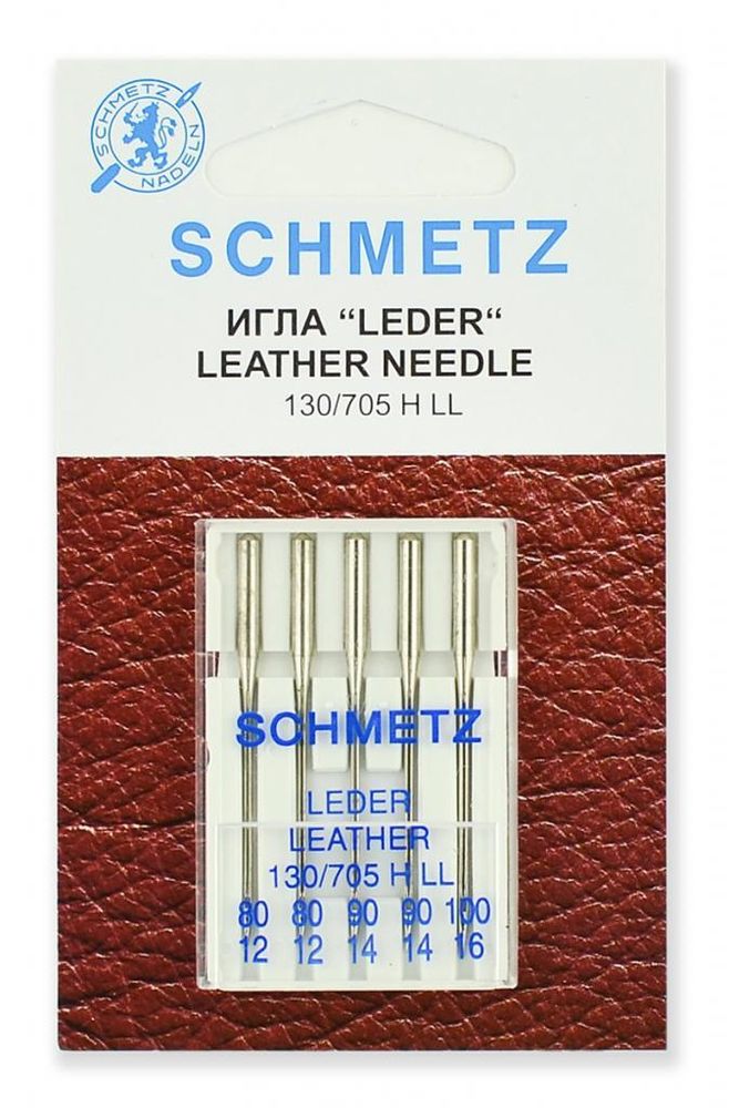 Иглы для швейных машин для кожи Schmetz №80(2), 90(2), 100 5шт, 22:15.AS2.VIS, 10 блист.