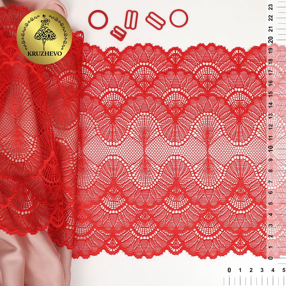 Кружево эластичное (стрейч) 8034 195мм цв.SD163 красный, 10 м, Kruzhevo