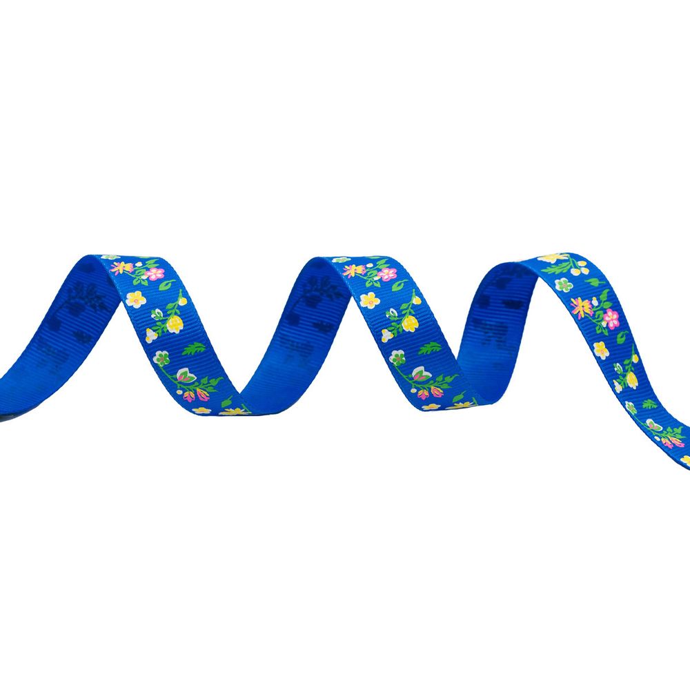 Лента репсовая (в рубчик) Цветочки маленькие 1,5см*22.86 м (синий)