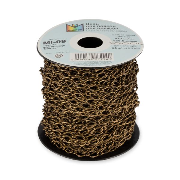 Цепочка декоративная металл 8х5, 5, 4х3 мм, на бобине 25 м, под бронзу, Micron MI-09
