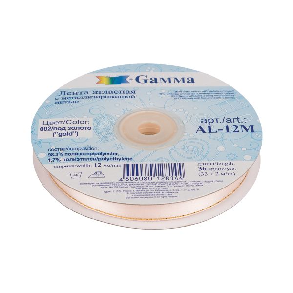 Лента атласная 2-сторонняя с метанитью 12.0 мм / 33±2 метра, №002 бл.розовый/золото, Gamma AL-12M