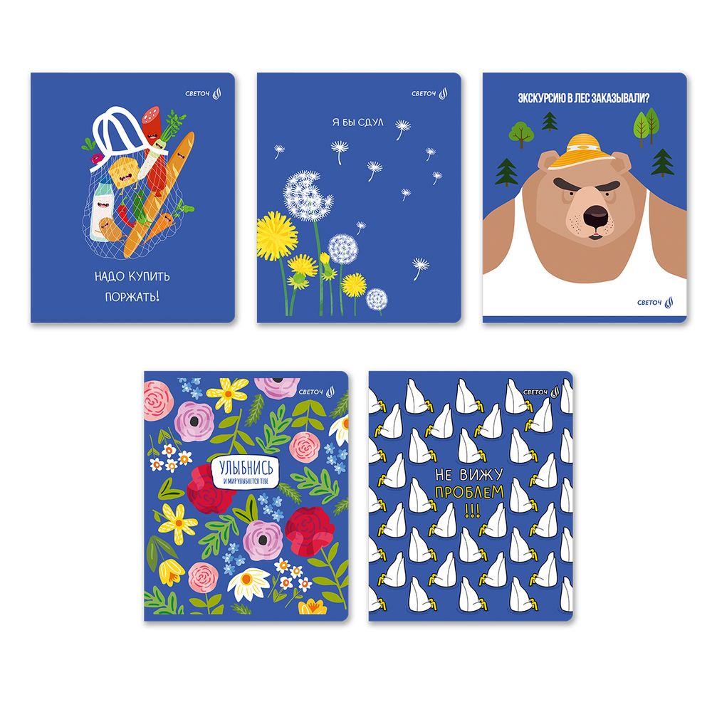 Тетрадь ученическая общая, выборочный лак A5+ 60 л. на скобе 65 г/м², белизна 100 %, 10 шт, клетка, 01128 Экскурсию в лес заказывали?, Светоч Т82