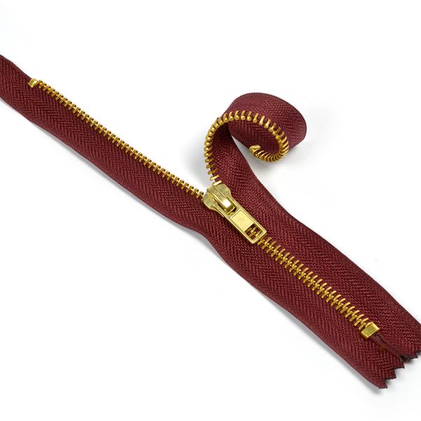 Молния металл джинсовая Т5 (5 мм) 1 зам., н/раз., золото, 18 см, цв.F179 т.бордовый уп.10 шт