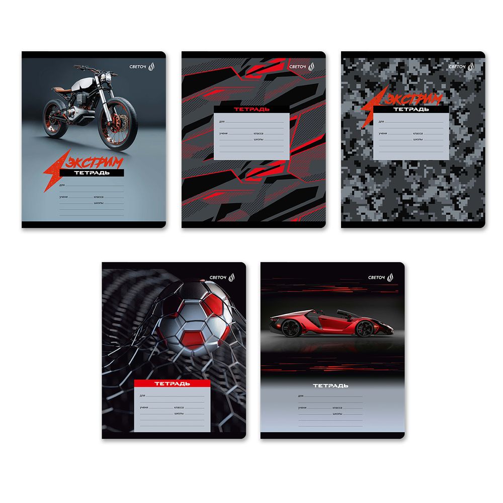 Тетрадь ученическая школьная A5+ 24 л. на скобе 65 г/м², белизна 100 %, 15 шт, клетка, 01116 Микс-Экстрим-хобби, Светоч Т72