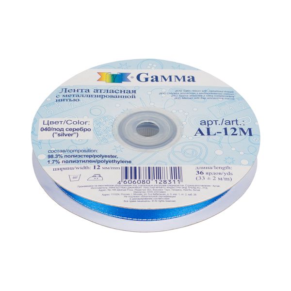 Лента атласная 2-сторонняя с метанитью 12.0 мм / 33±2 метра, №040 василёк/серебро, Gamma AL-12M