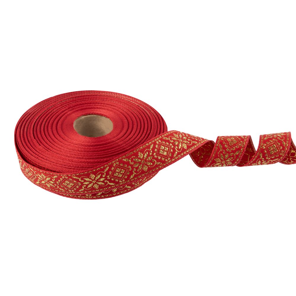 Лента (тесьма) жаккардовая 23.0-25.0 мм, / 25 метров, красный /под золото, Blitz